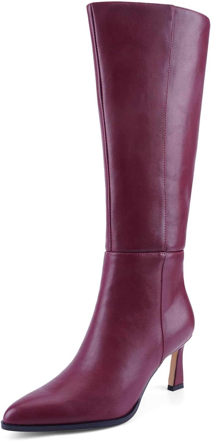 Women's Knee High Boots with Kitten Heel, Classic Faux Leather Pointed Toe Tall Boots with Side Zipper, Elegant Dress Boots for Work Party and Daily Wear