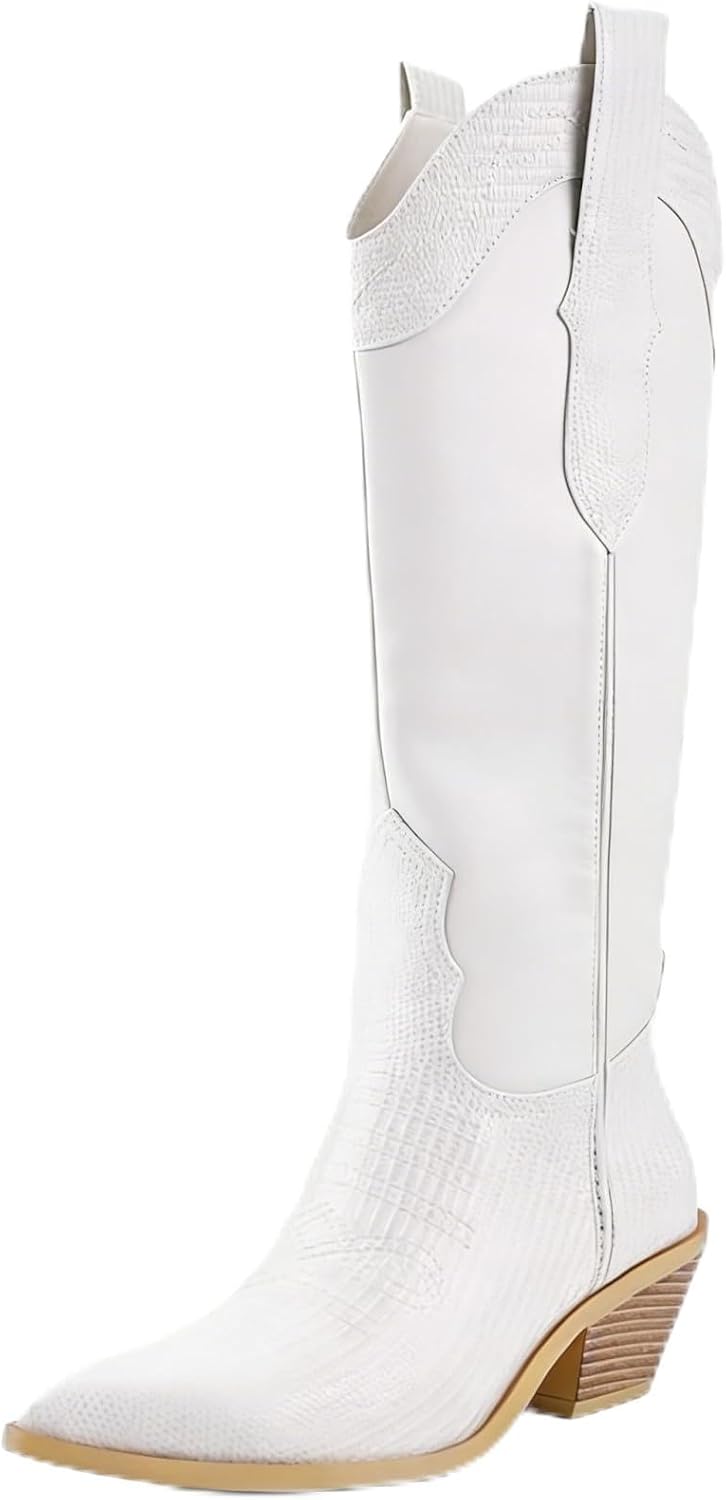 Cowboy Boots for Women Comfortable Chunky Heel, Embroidered Western Knee High Boots with Pointed Toe for Country Concert, Retro Cowgirl Style
