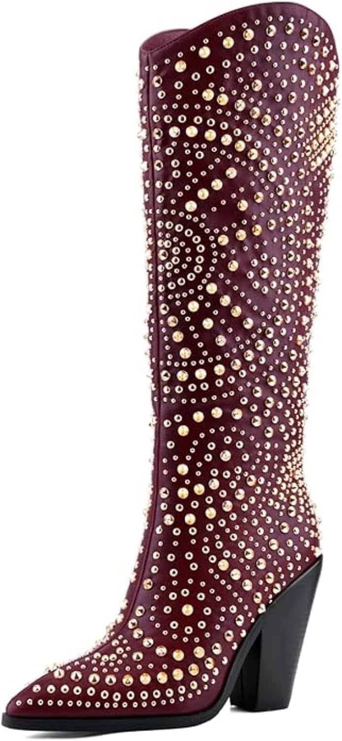 Luxurious Studded Women's Knee High Boots, Pointed Toe & Chunky Heel with Metallic Rivets and Rhinestones, Non-Slip Sole, Unique Design Rivets Boot for Party Concert Casual Fall