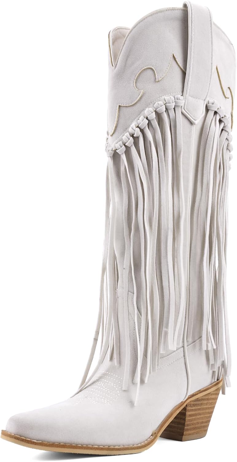 Rhinestone Fringe Cowgirl Boots for Women, Knee High Western Boots with Embroidery, Pointed Toe Chunky Heel Pull On, Concert Festival Statement Boots