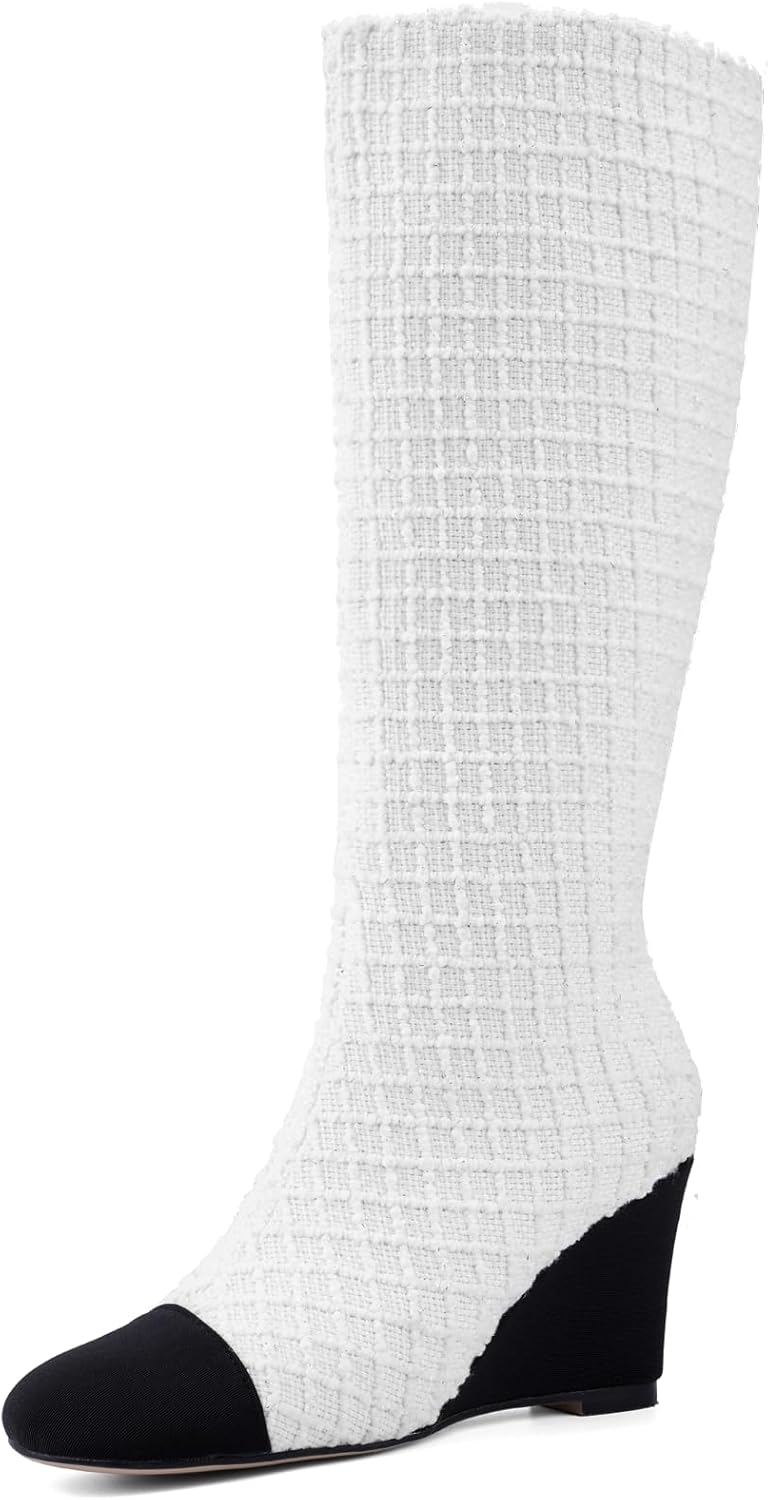 Women's Knee High Wedge Boots, Lightweight Fabric Dress Boots with Round Toe and Side Zipper, Fashion Color Block Design, Comfortable Wedge Heel Boots for Casual, Work, Party