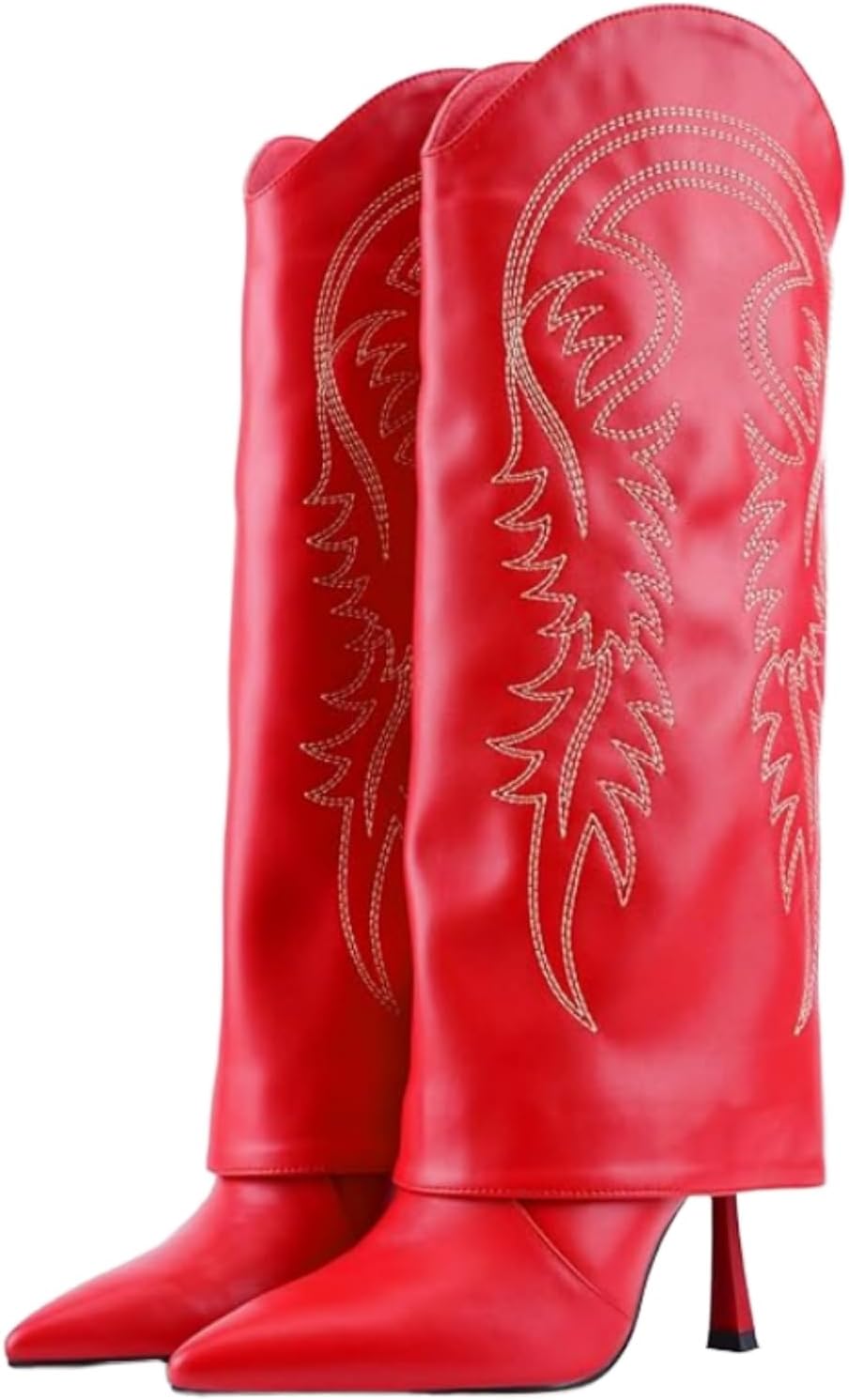 Knee High Cowgirl Boots for Women, Western Fold Over Stiletto Heel, Pointed Toe Pull-On Boots with Leaf Embroidery, Elegant Dress Boots for Party Vacation Casual Wear