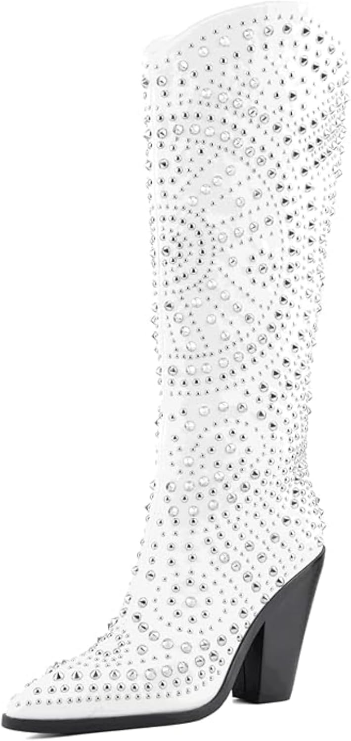 Luxurious Studded Women's Knee High Boots, Pointed Toe & Chunky Heel with Metallic Rivets and Rhinestones, Non-Slip Sole, Unique Design Rivets Boot for Party Concert Casual Fall