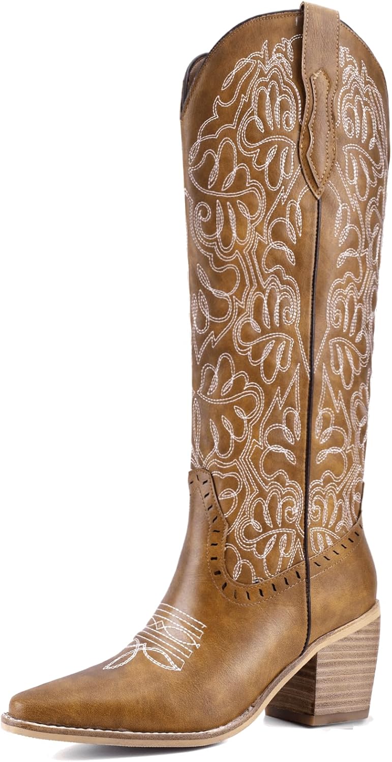 Women's Embroidered Knee-High Western Cowboy Boots, Soft Faux Leather Pull-On Fashion Cowgirl Boots with Pointed Toe and Chunky Heel for Concert, Festival, Party and Daily Outfit