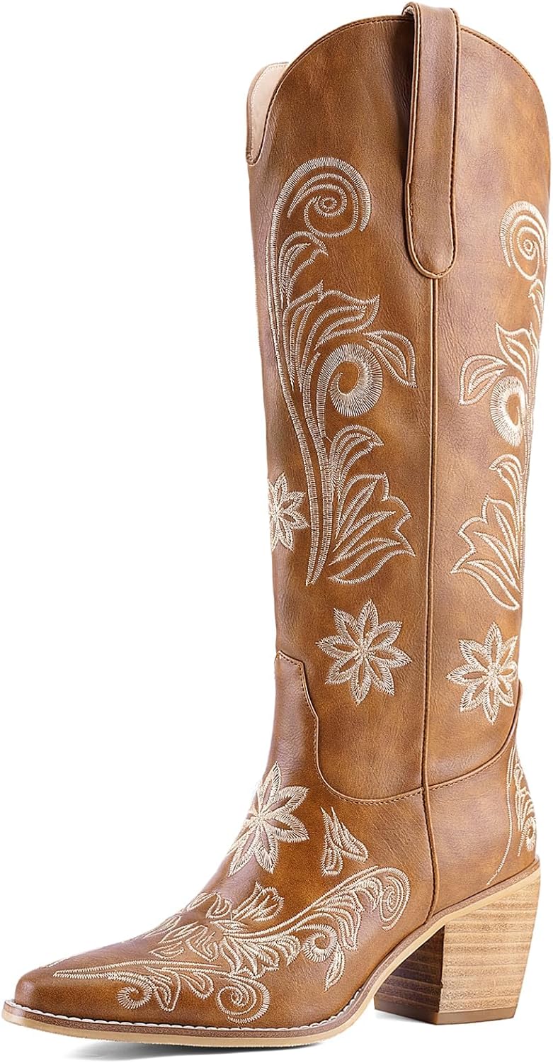 Women's White Cowboy Boots Knee High, Floral Embroidered Western Boots with Pointed Toe & Chunky Heel, Pull On Cowgirl Boots for Spring Outfit, Concert, Festival & Daily Wear