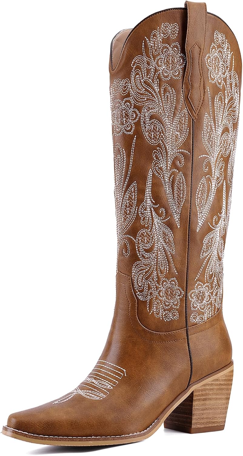 Women's White Cowboy Boots Knee High, Floral Embroidered Western Boots with Pointed Toe & Chunky Heel, Pull On Cowgirl Boots for Spring Outfit, Concert, Festival & Daily Wear