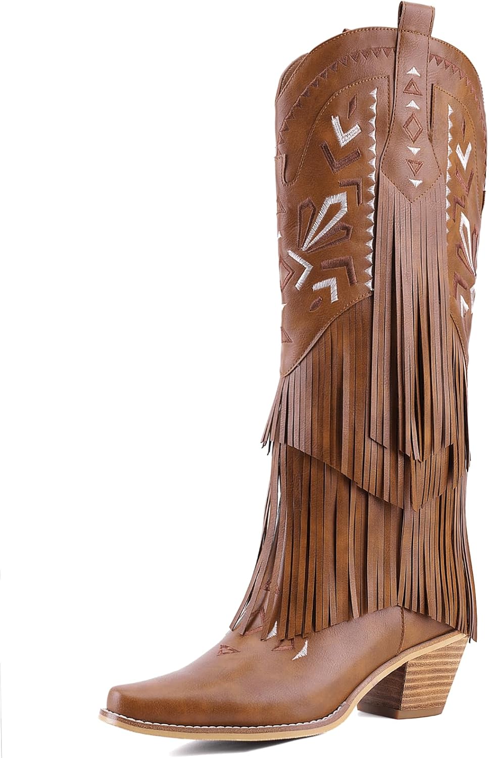 Women's Fringe Cowboy Boots Knee High, Embroidered Western Cowgirl Boots with Tassel, Pointed Toe Chunky Heel Pull On Boho Festival Concert Boots