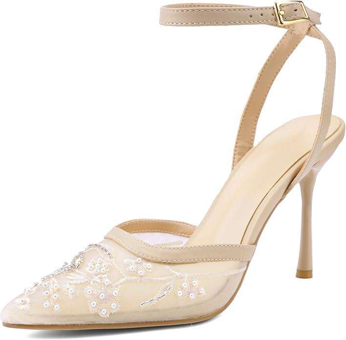 Brown Mesh Heels For Women Pointed Closed Toe Ankle Strap Wedding Party Stiletto Slingback Pumps