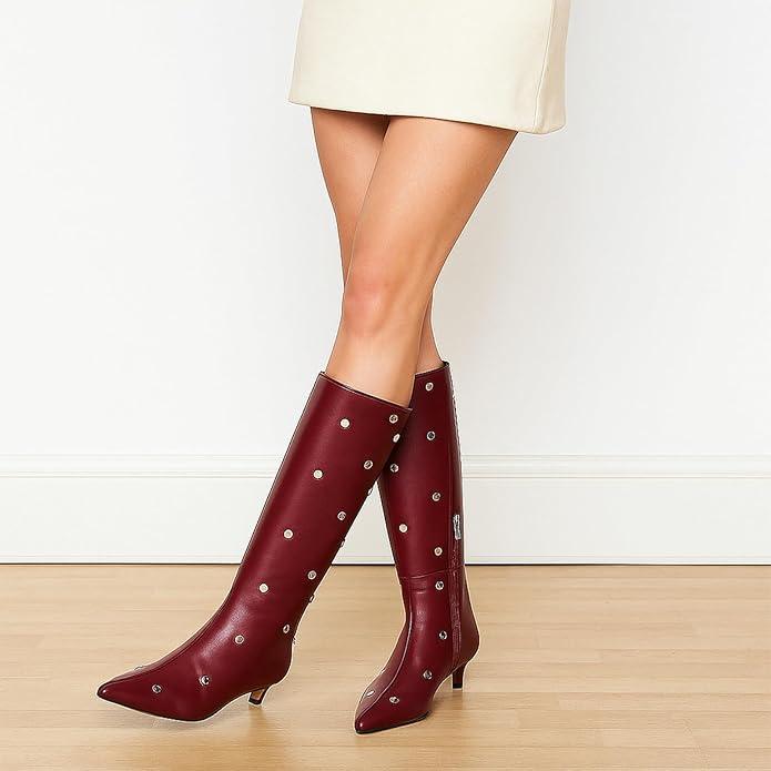 JilTrdWei Studded Mid Wide Calf Boots for Women Kitten Heel Knee High Boots Pointed Toe with Zipper