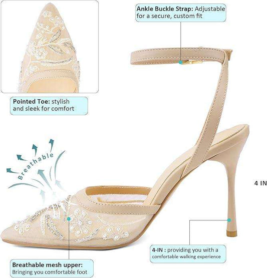 Brown Mesh Heels For Women Pointed Closed Toe Ankle Strap Wedding Party Stiletto Slingback Pumps
