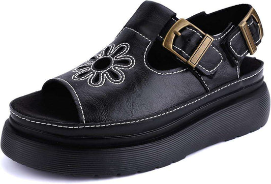 Women's Floral Brown Platform Sandals Adjustable Buckle with Non-Slip Sole T-Strap Comfort Open Toe Slip On Summer Beach Sandals