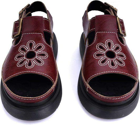 Women's Floral Brown Platform Sandals Adjustable Buckle with Non-Slip Sole T-Strap Comfort Open Toe Slip On Summer Beach Sandals