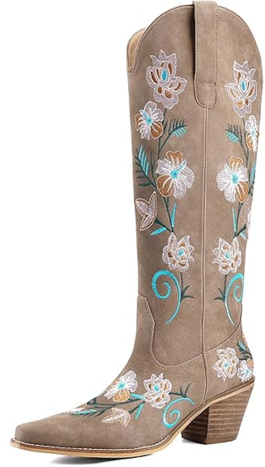 Women's White Cowboy Boots Knee High, Floral Embroidered Western Boots with Pointed Toe & Chunky Heel, Pull On Cowgirl Boots for Spring Outfit, Concert, Festival & Daily Wear 