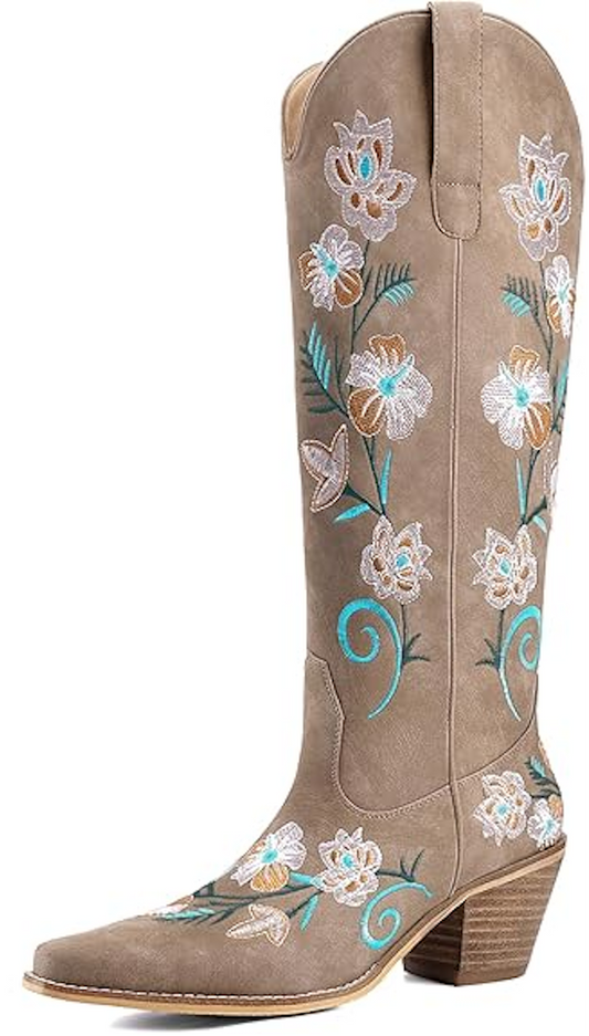 Women's White Cowboy Boots Knee High, Floral Embroidered Western Boots with Pointed Toe & Chunky Heel, Pull On Cowgirl Boots for Spring Outfit, Concert, Festival & Daily Wear 