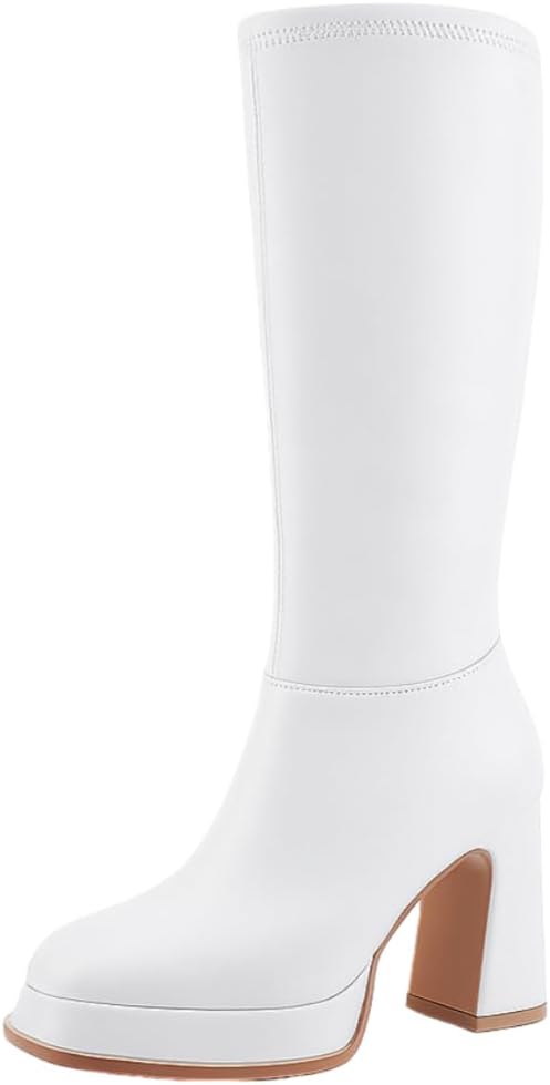 Women's Knee High Platform Gogo Boots, Chunky Block Heel Square Toe with Side Zipper, Party Performance Boots with Thick Sole for Night Out, Concert, Dance, Vacation 