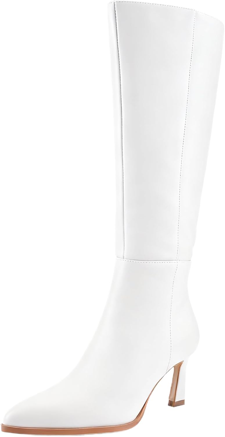 Women's Knee High Boots with Kitten Heel, Classic Faux Leather Pointed Toe Tall Boots with Side Zipper, Elegant Dress Boots for Work Party and Daily Wear 
