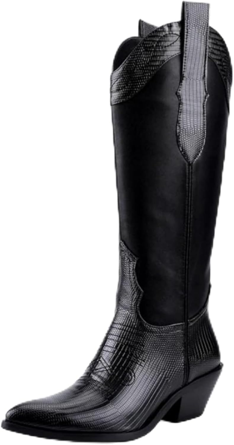 Cowboy Boots for Women Comfortable Chunky Heel, Embroidered Western Knee High Boots with Pointed Toe for Country Concert, Retro Cowgirl Style 