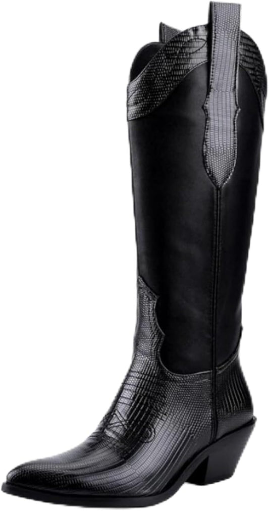 Cowboy Boots for Women Comfortable Chunky Heel, Embroidered Western Knee High Boots with Pointed Toe for Country Concert, Retro Cowgirl Style 