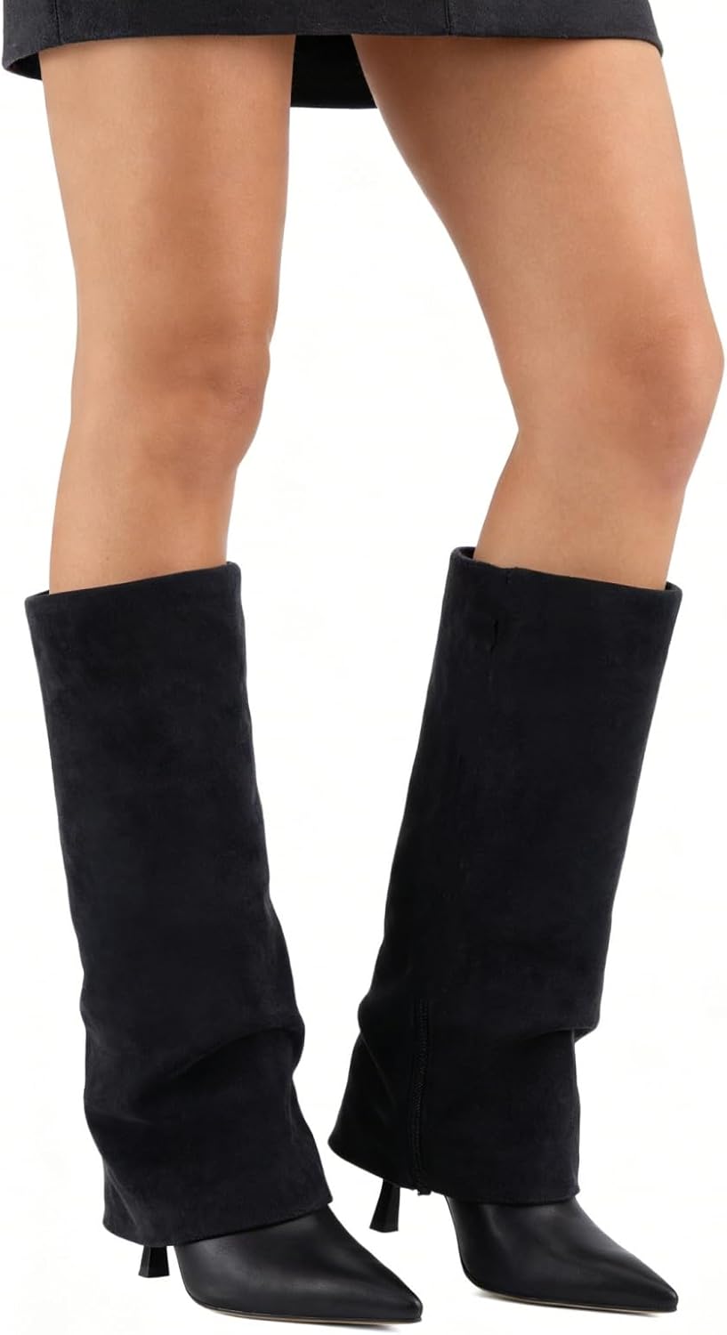 Women's Slouchy Knee High Boots Suede, Fold Over Pointed Toe High Heel Slip On Dress Boots, Chic Tall Boots for Daily Wear Party Dating 