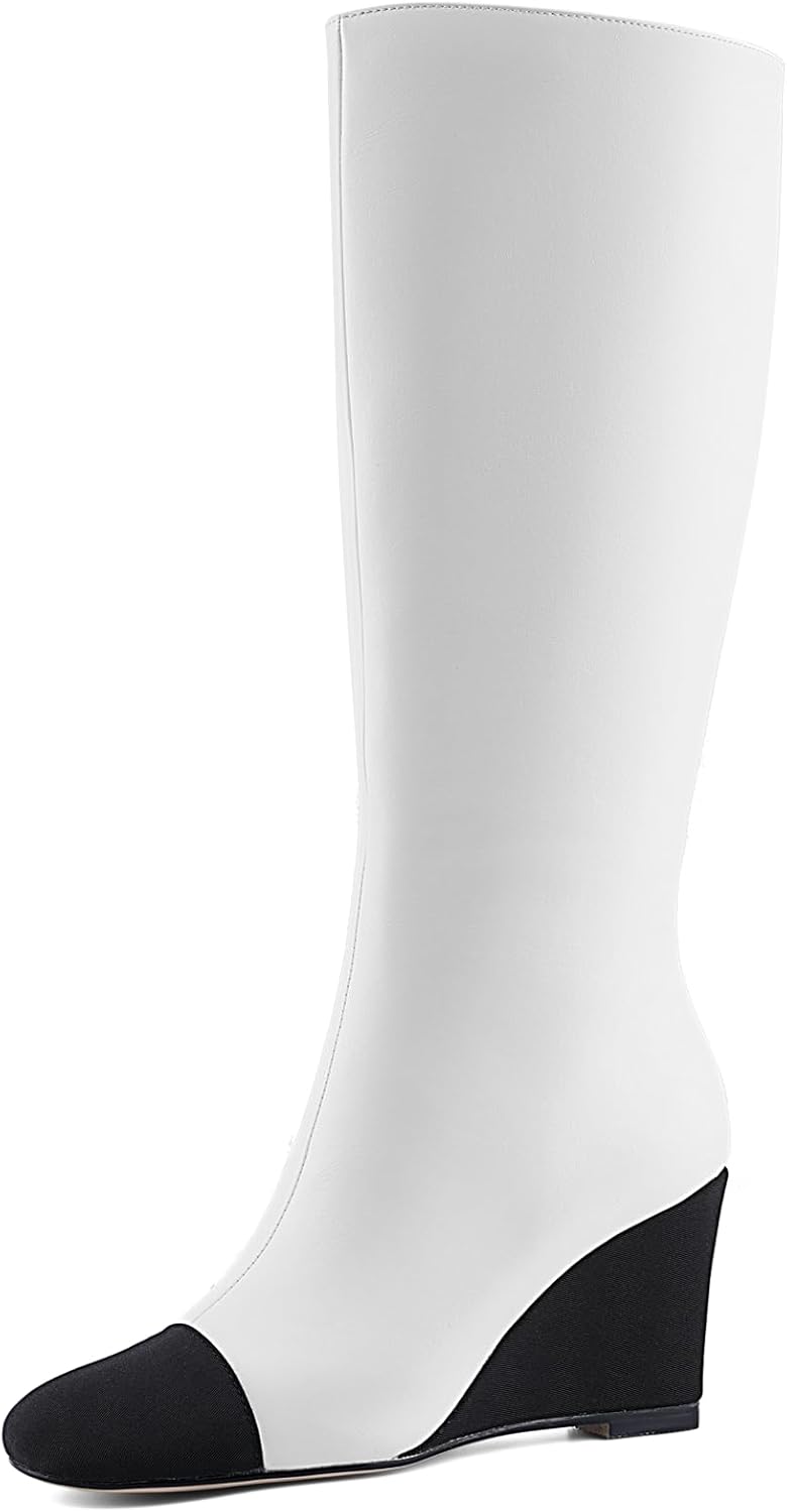Women's Knee High Wedge Boots, Lightweight Fabric Dress Boots with Round Toe and Side Zipper, Fashion Color Block Design, Comfortable Wedge Heel Boots for Casual, Work, Party 