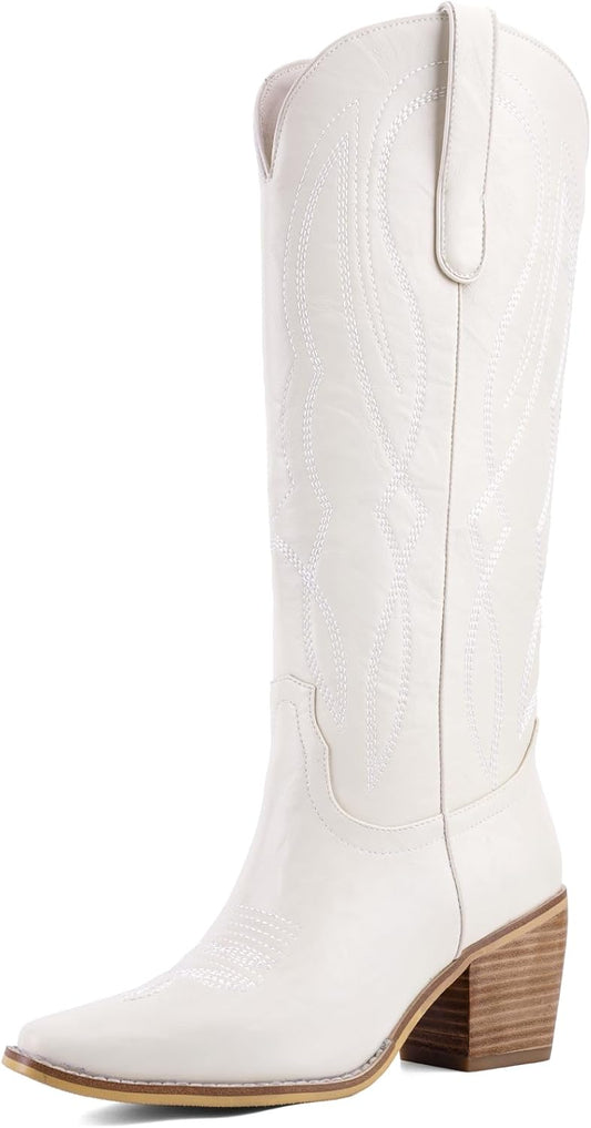 Women's Embroidered Knee-High Western Cowboy Boots, Soft Faux Leather Pull-On Fashion Cowgirl Boots with Pointed Toe and Chunky Heel for Concert, Festival, Party and Daily Outfit