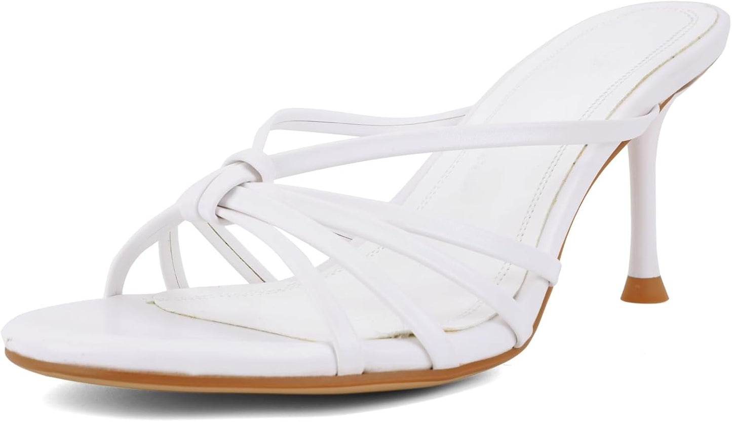 Women's Heeled Sandals, Strappy Mule Heels Slip On Open Toe with Knotted Strap, Dressy High Heel Sandals for Party Daily 
