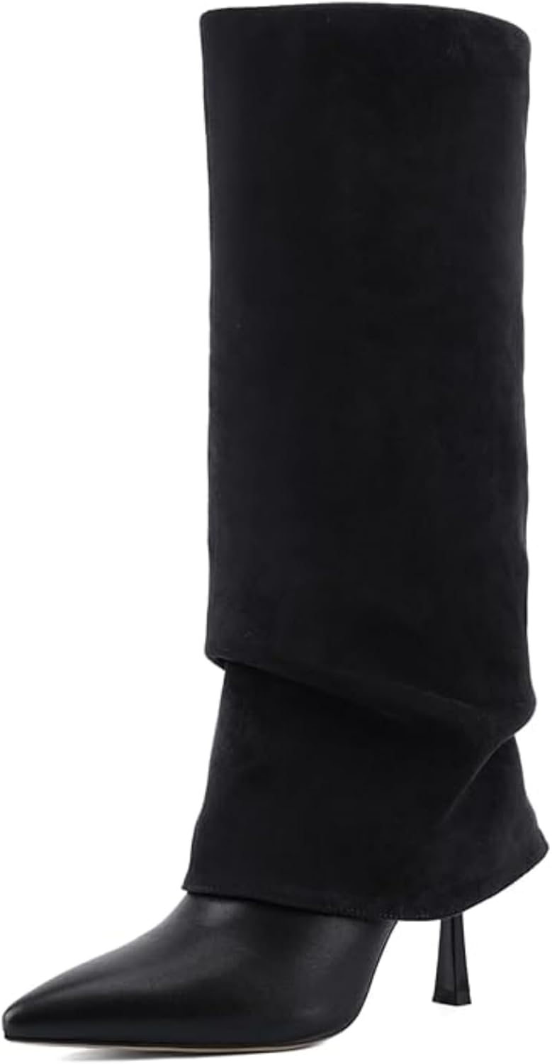 Women's Slouchy Knee High Boots Suede, Fold Over Pointed Toe High Heel Slip On Dress Boots, Chic Tall Boots for Daily Wear Party Dating 