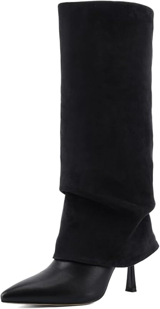 Women's Slouchy Knee High Boots Suede, Fold Over Pointed Toe High Heel Slip On Dress Boots, Chic Tall Boots for Daily Wear Party Dating 
