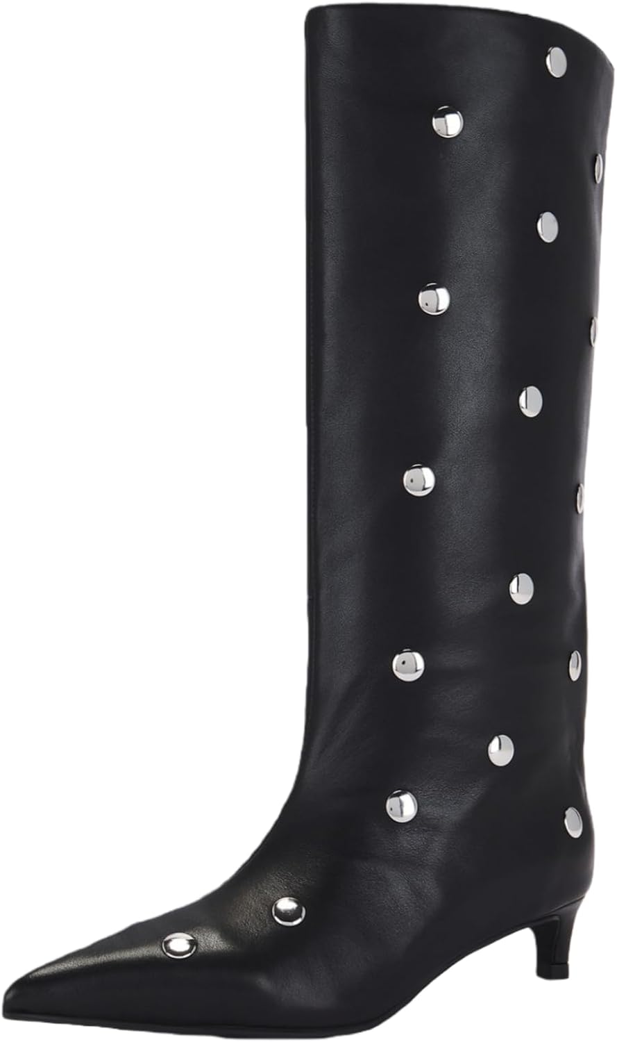 Women's Mid-Calf Boots with Studded Detail, Square Toe Low Kitten Heel Faux Leather Boots with Side Zipper, Fashion Mid Calf Boots for Party, Daily Wear and Fall Outfits 