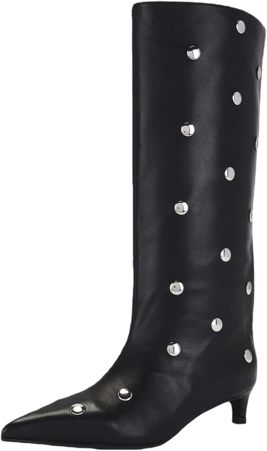 Women's Mid-Calf Boots with Studded Detail, Square Toe Low Kitten Heel Faux Leather Boots with Side Zipper, Fashion Mid Calf Boots for Party, Daily Wear and Fall Outfits 