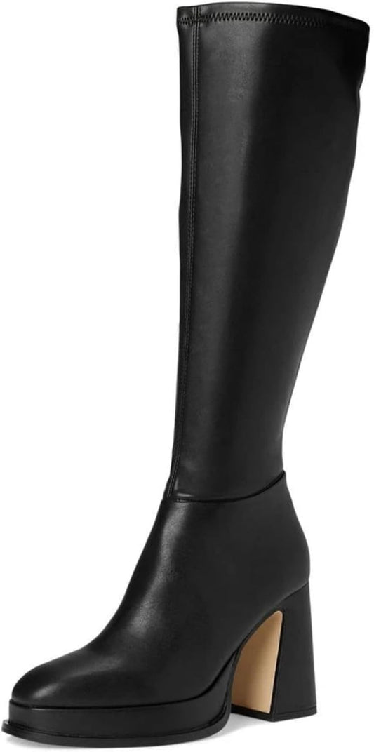 Women's Knee High Platform Gogo Boots, Chunky Block Heel Square Toe with Side Zipper, Party Performance Boots with Thick Sole for Night Out, Concert, Dance, Vacation 