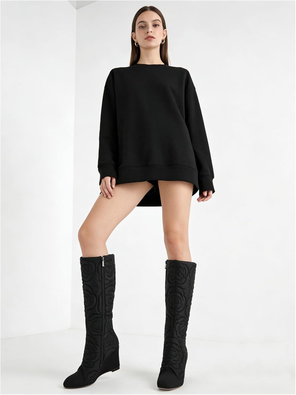Women's Knee High Wedge Boots, Lightweight Fabric Dress Boots with Round Toe and Side Zipper, Fashion Color Block Design, Comfortable Wedge Heel Boots for Casual, Work, Party 