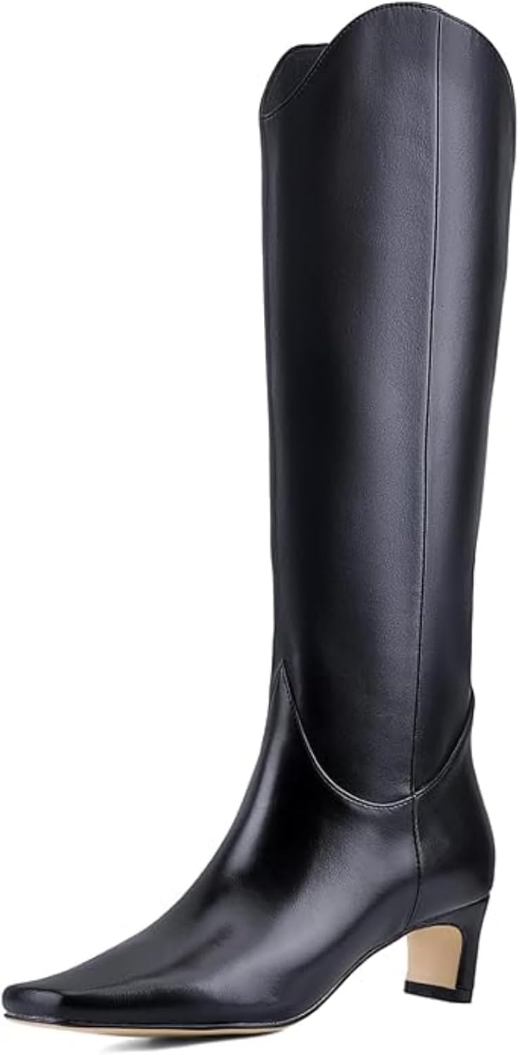 Women's Knee High Boots Square Toe, Chunky Heel Pull On Boots, Faux Leather Non-Slip Winter Boots for Party, Dating & Daily Wear, Minimalist Classic Style in Gold & Black 