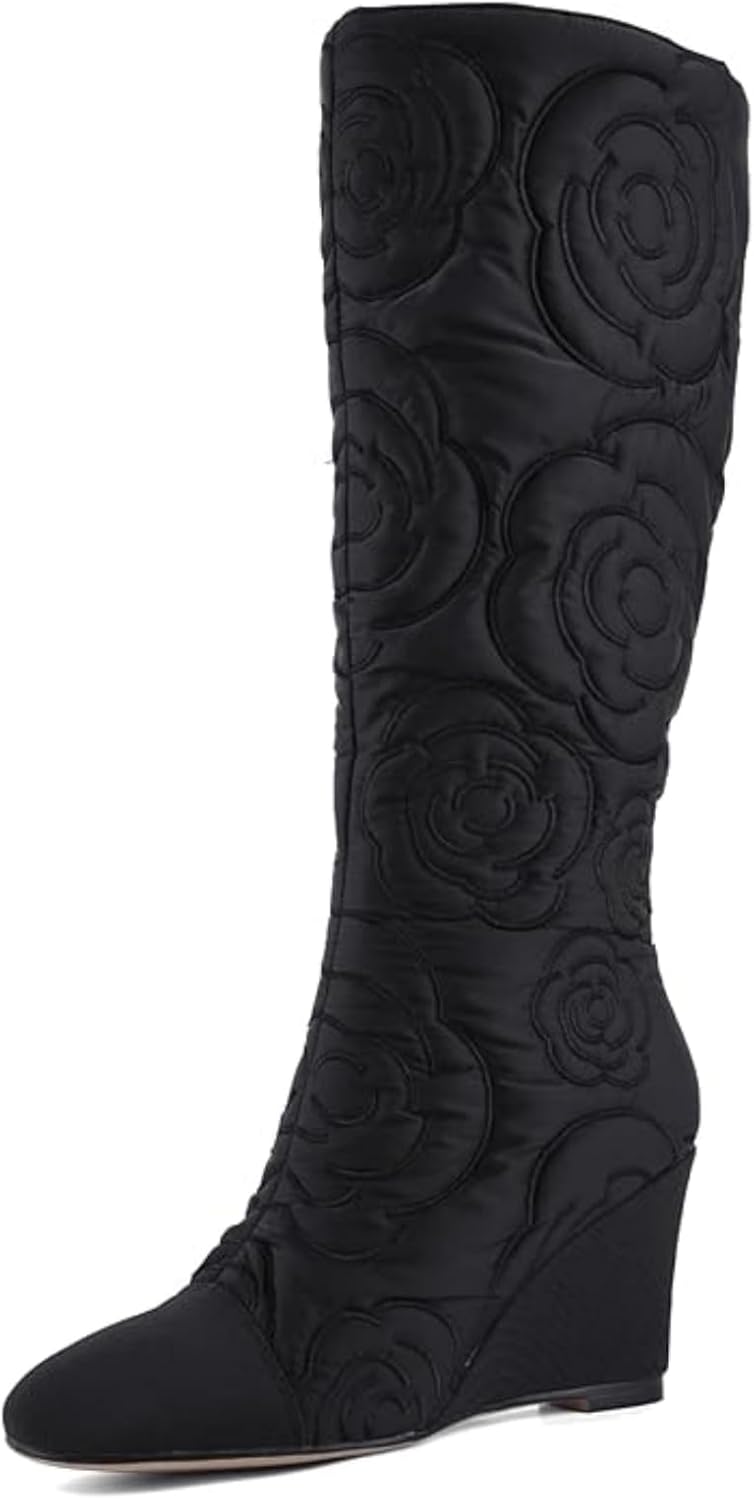 Women's Knee High Wedge Boots, Lightweight Fabric Dress Boots with Round Toe and Side Zipper, Fashion Color Block Design, Comfortable Wedge Heel Boots for Casual, Work, Party 
