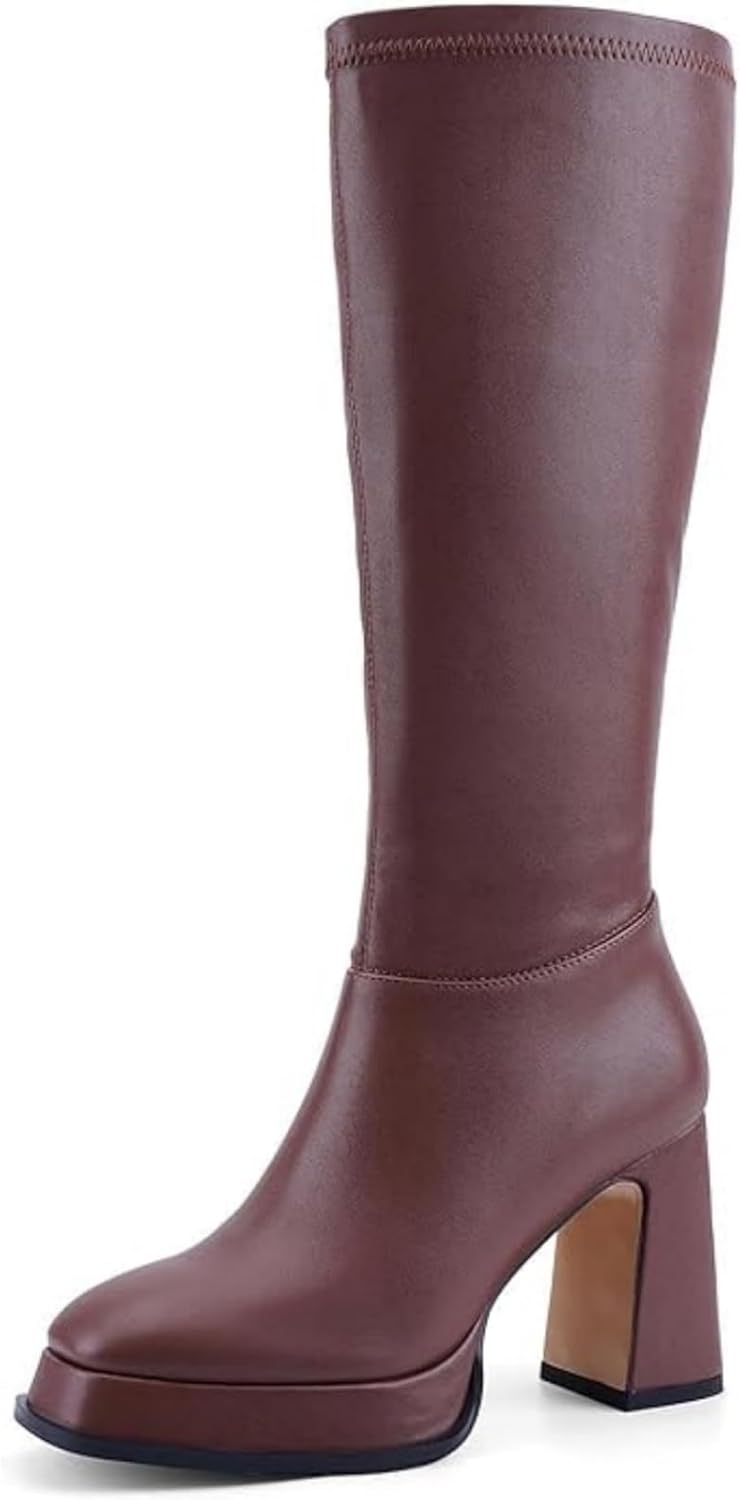 Women's Knee High Platform Gogo Boots, Chunky Block Heel Square Toe with Side Zipper, Party Performance Boots with Thick Sole for Night Out, Concert, Dance, Vacation 