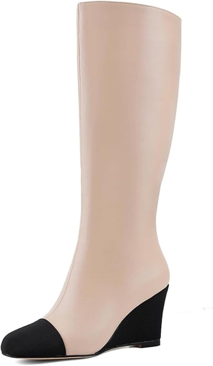 Women's Knee High Wedge Boots, Lightweight Fabric Dress Boots with Round Toe and Side Zipper, Fashion Color Block Design, Comfortable Wedge Heel Boots for Casual, Work, Party 