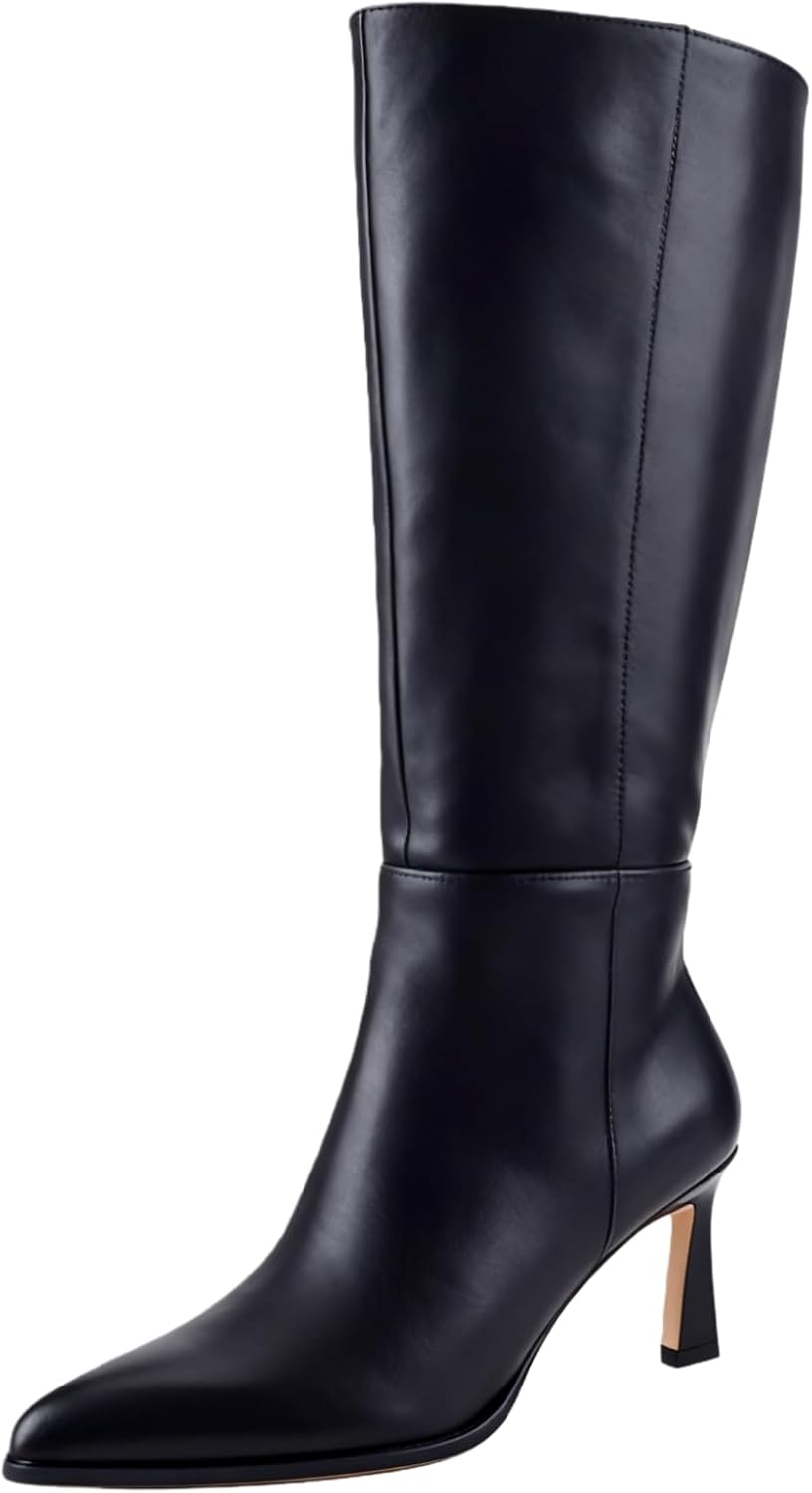 Women's Knee High Boots with Kitten Heel, Classic Faux Leather Pointed Toe Tall Boots with Side Zipper, Elegant Dress Boots for Work Party and Daily Wear 