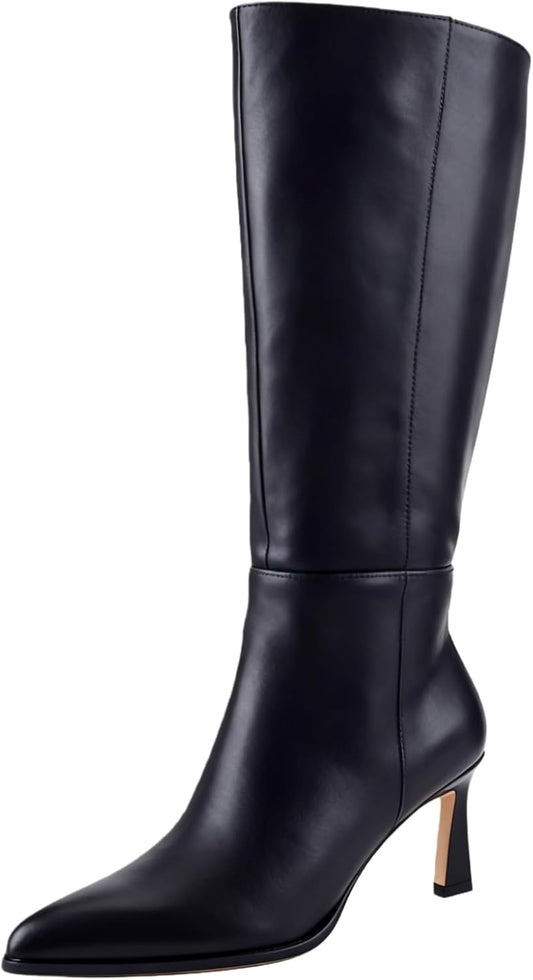 Women's Knee High Boots with Kitten Heel, Classic Faux Leather Pointed Toe Tall Boots with Side Zipper, Elegant Dress Boots for Work Party and Daily Wear 
