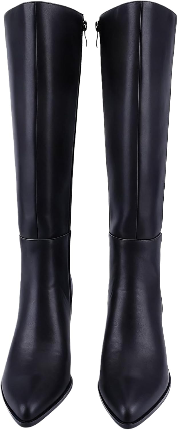 Women's Knee High Boots with Kitten Heel, Classic Faux Leather Pointed Toe Tall Boots with Side Zipper, Elegant Dress Boots for Work Party and Daily Wear 