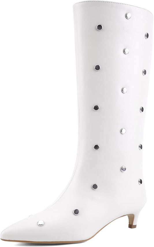 Women's Mid-Calf Boots with Studded Detail, Square Toe Low Kitten Heel Faux Leather Boots with Side Zipper, Fashion Mid Calf Boots for Party, Daily Wear and Fall Outfits 