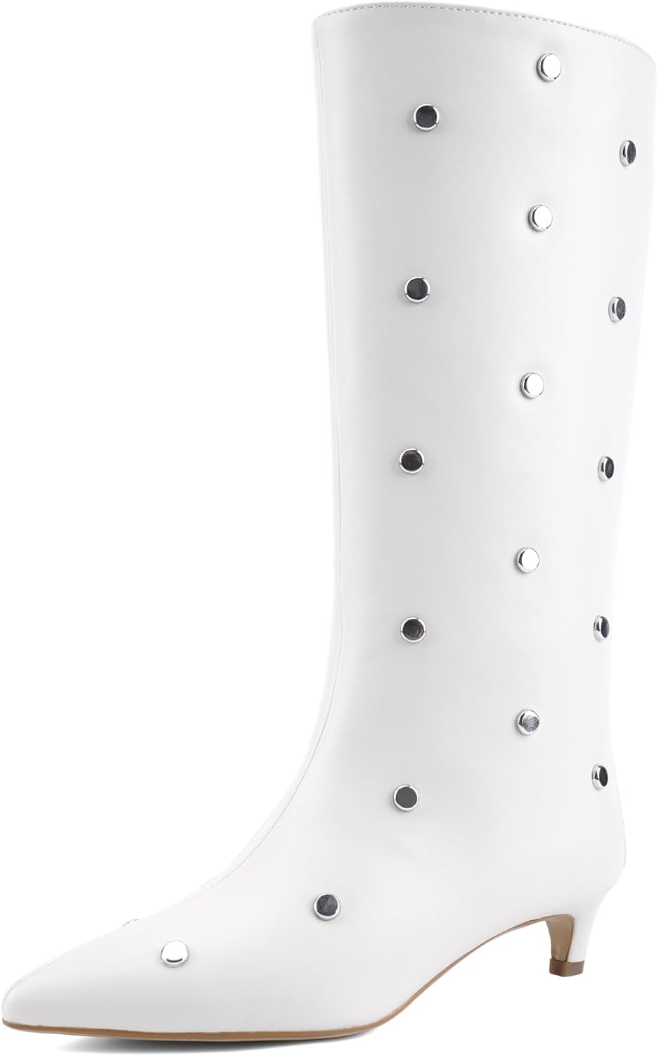Women's Mid-Calf Boots with Studded Detail, Square Toe Low Kitten Heel Faux Leather Boots with Side Zipper, Fashion Mid Calf Boots for Party, Daily Wear and Fall Outfits 
