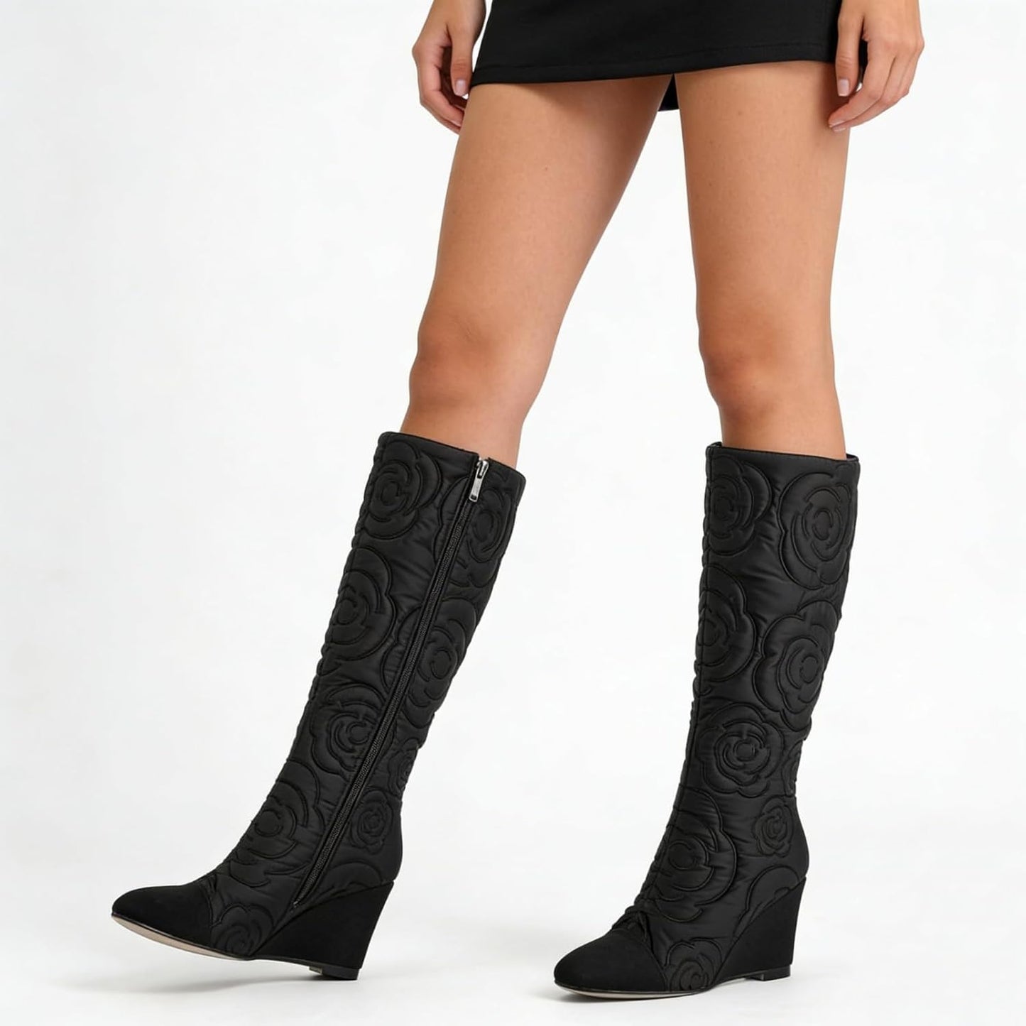 Women's Knee High Wedge Boots, Lightweight Fabric Dress Boots with Round Toe and Side Zipper, Fashion Color Block Design, Comfortable Wedge Heel Boots for Casual, Work, Party 