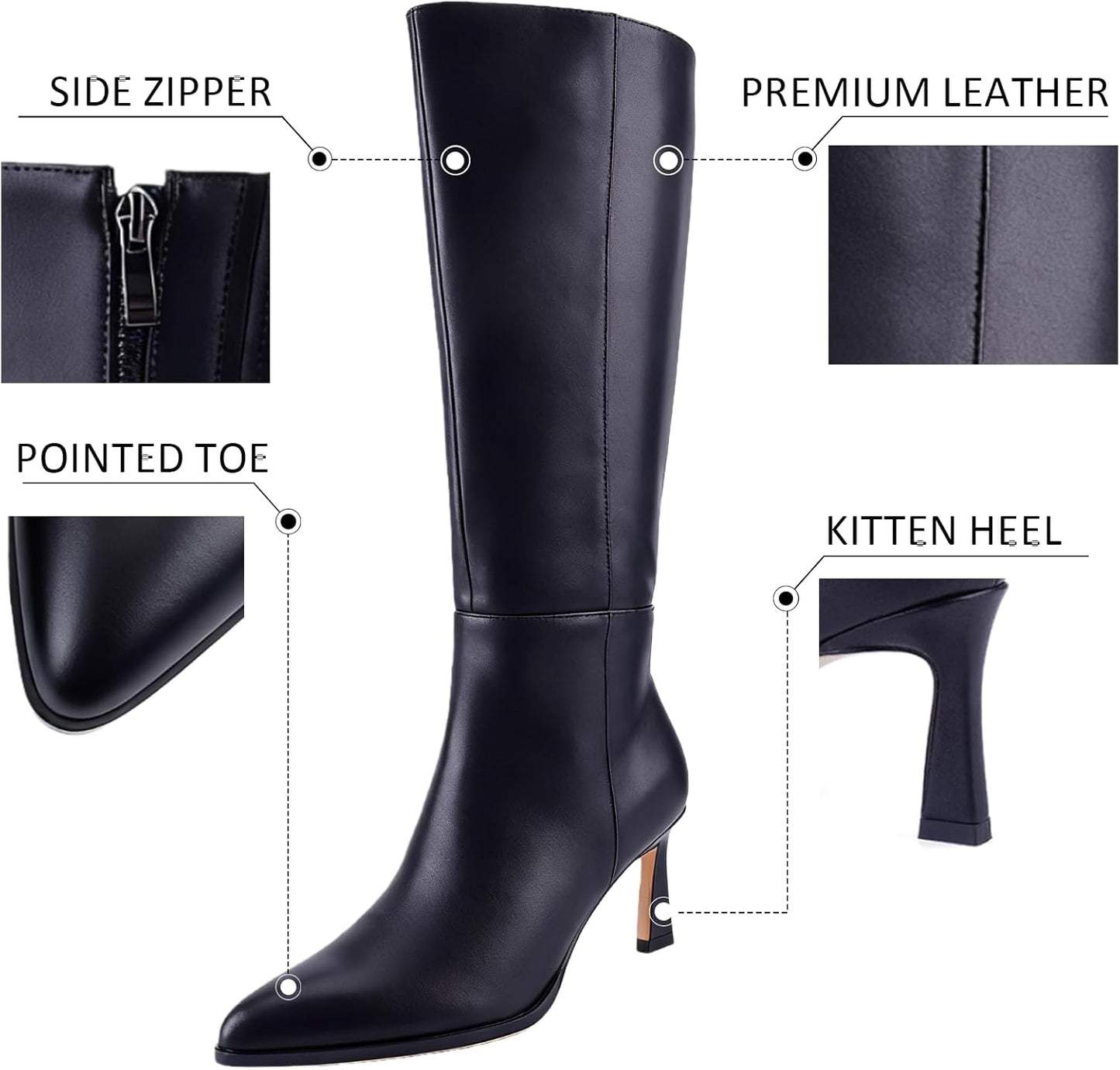 Women's Knee High Boots with Kitten Heel, Classic Faux Leather Pointed Toe Tall Boots with Side Zipper, Elegant Dress Boots for Work Party and Daily Wear 