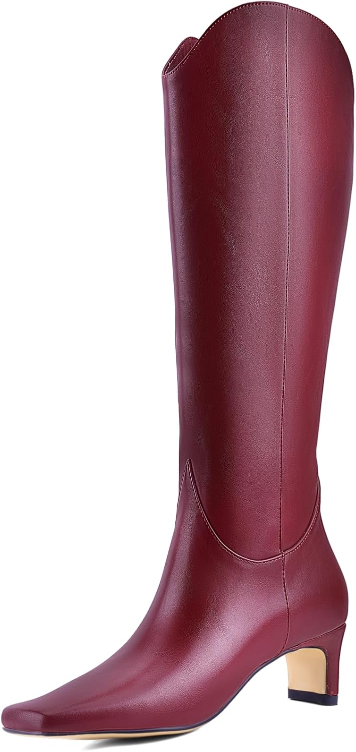 Women's Knee High Boots Square Toe, Chunky Heel Pull On Boots, Faux Leather Non-Slip Winter Boots for Party, Dating & Daily Wear, Minimalist Classic Style in Gold & Black 