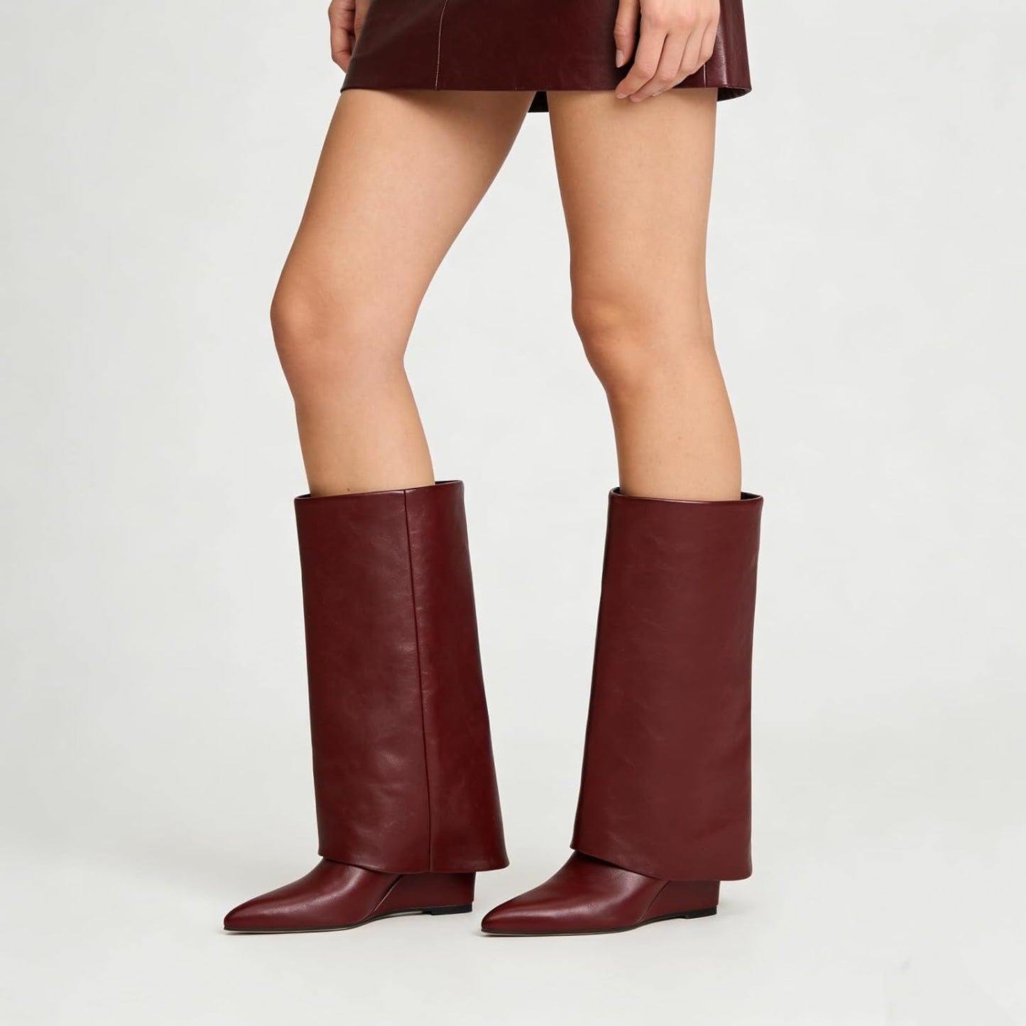 Fold Over Knee High Boots for Women, Slouchy Pull On Wedge Heel Boots with Pointed Toe, Vintage Style Dress Boots for Party, Dating, Fall Casual Outfits 