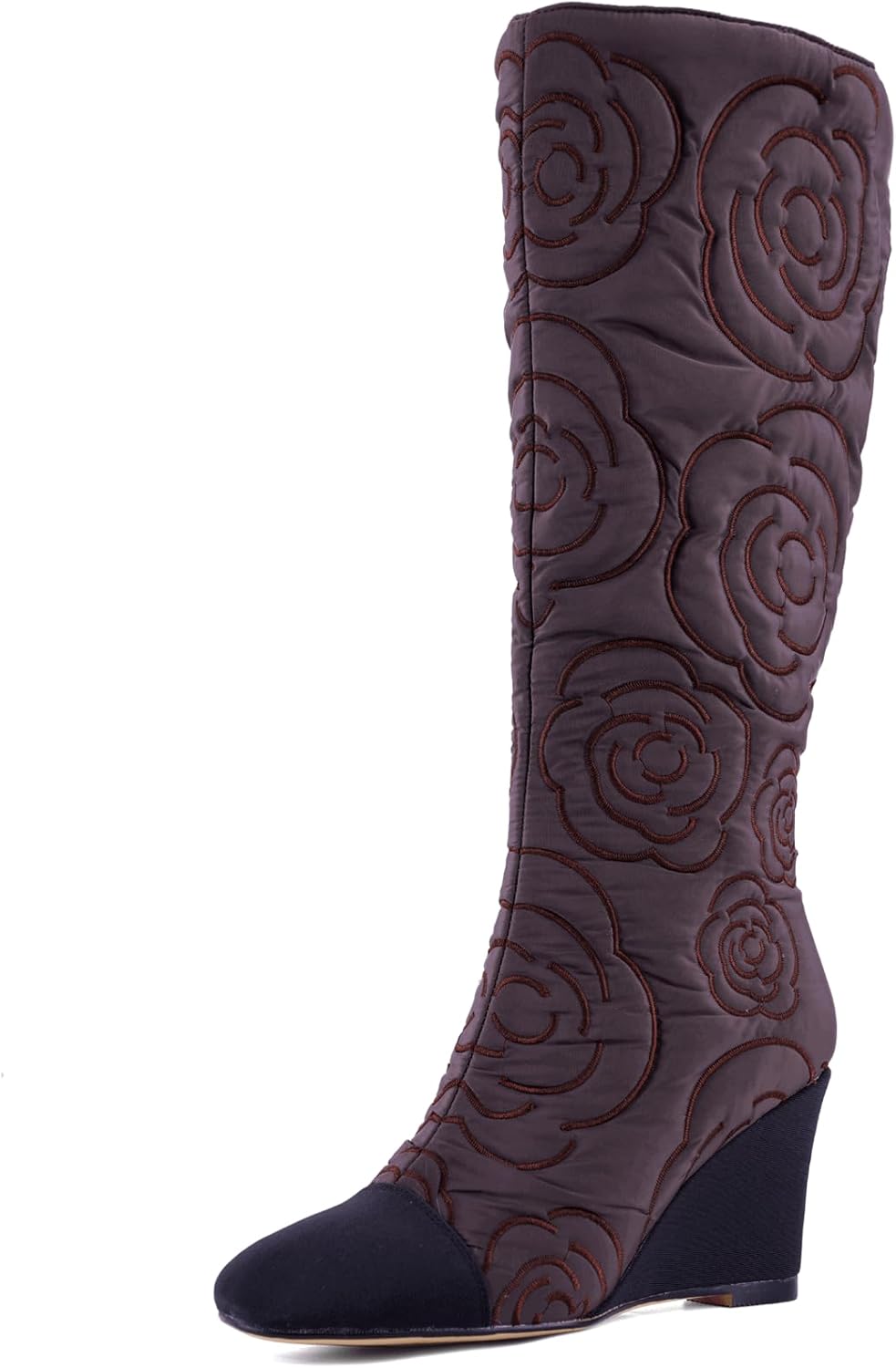 Women's Knee High Wedge Boots, Lightweight Fabric Dress Boots with Round Toe and Side Zipper, Fashion Color Block Design, Comfortable Wedge Heel Boots for Casual, Work, Party 