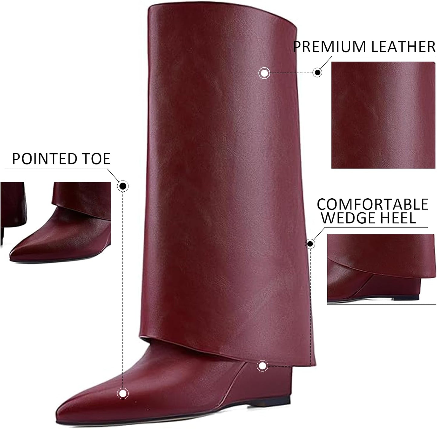 Fold Over Knee High Boots for Women, Slouchy Pull On Wedge Heel Boots with Pointed Toe, Vintage Style Dress Boots for Party, Dating, Fall Casual Outfits 
