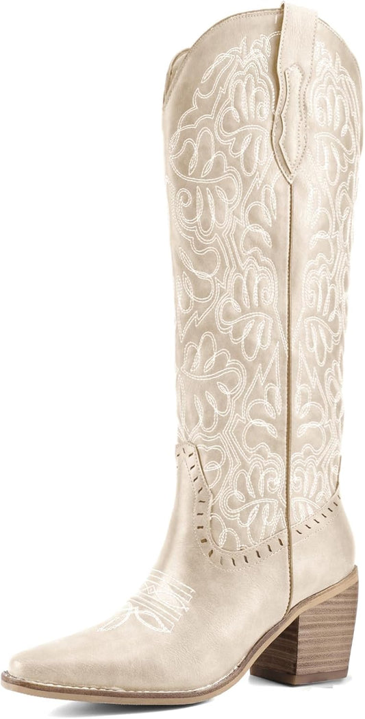 Women's Embroidered Knee-High Western Cowboy Boots, Soft Faux Leather Pull-On Fashion Cowgirl Boots with Pointed Toe and Chunky Heel for Concert, Festival, Party and Daily Outfit 