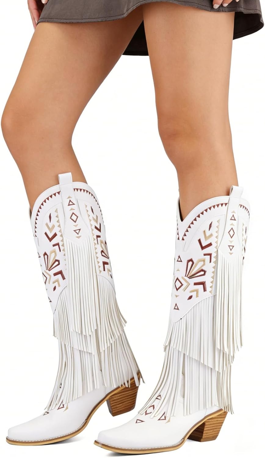 Women's Fringe Cowboy Boots Knee High, Embroidered Western Cowgirl Boots with Tassel, Pointed Toe Chunky Heel Pull On Boho Festival Concert Boots 