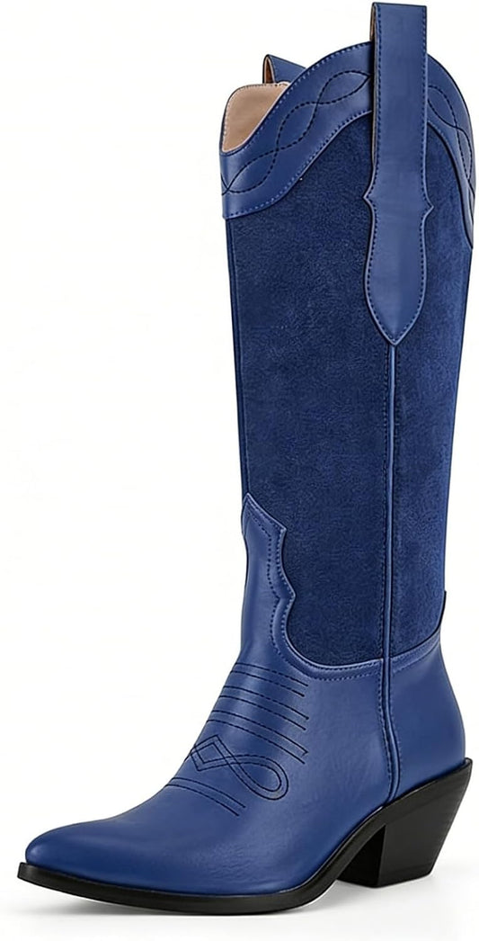 Cowboy Boots for Women Comfortable Chunky Heel, Embroidered Western Knee High Boots with Pointed Toe for Country Concert, Retro Cowgirl Style 